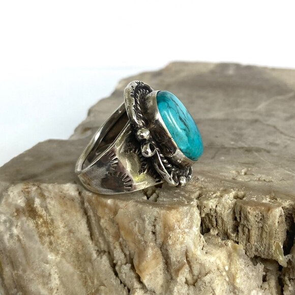 VTG Sterling Silver 925 Hemerson Brown Navajo Oval Bezel Set Turquoise Ring Sz 8 - Picture 4 of 16